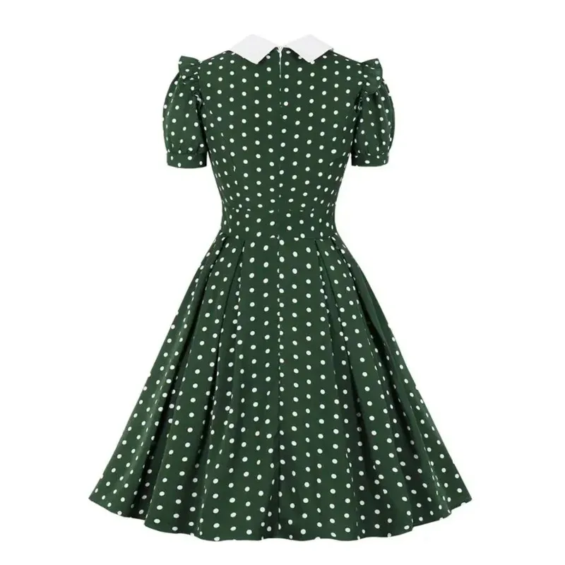 فستان نسائي Cy2022 أخضر عتيق 50s 60s منقطة مطبوعة بأكمام قصيرة وياقة مقلوبة Rockabilly A Line Party Jur LE51