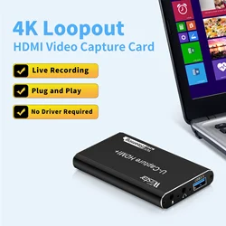 USB3.0 HDMI Video Capture Card 1080P@60Hz HDMI Loopout 4K30Hz Game Recording Live Streaming USB3.0 Video Grabber for PS4 Camera