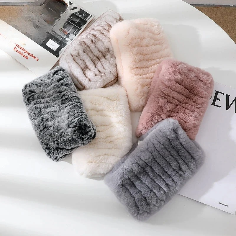 

2026 Women Real Rex Rabbit Fur Scarf Rex Rabbit Fur Headbands Knitted Natural Rabbit Fur Ring Scarves Factory Wholesale Retail