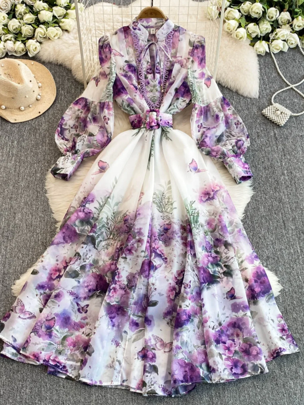 

Ele Floral Print Long Lantern Sve Women's Dr High Waist A-Line Silhouette Commute Friendly Korean Sle Spring Autumn