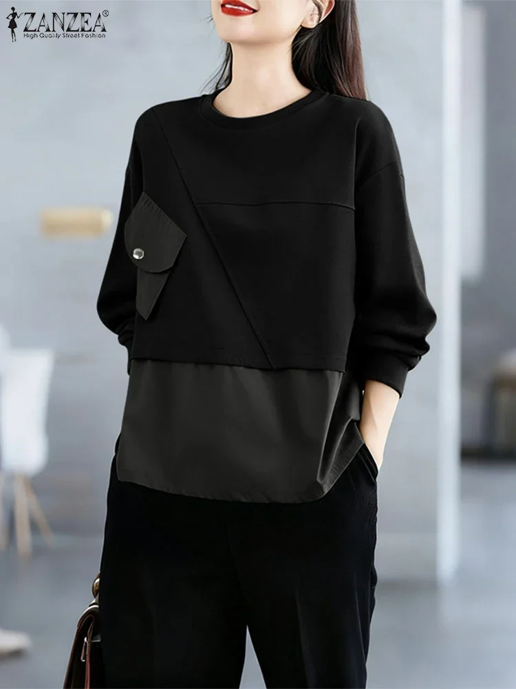 Solid Long Sleeve Sweatshirts Autumn Women Hoodies ZANZEA 2025 Fashion O-Neck Casual Loose Pullovers Patchwork Pockets Outwears - Image 2