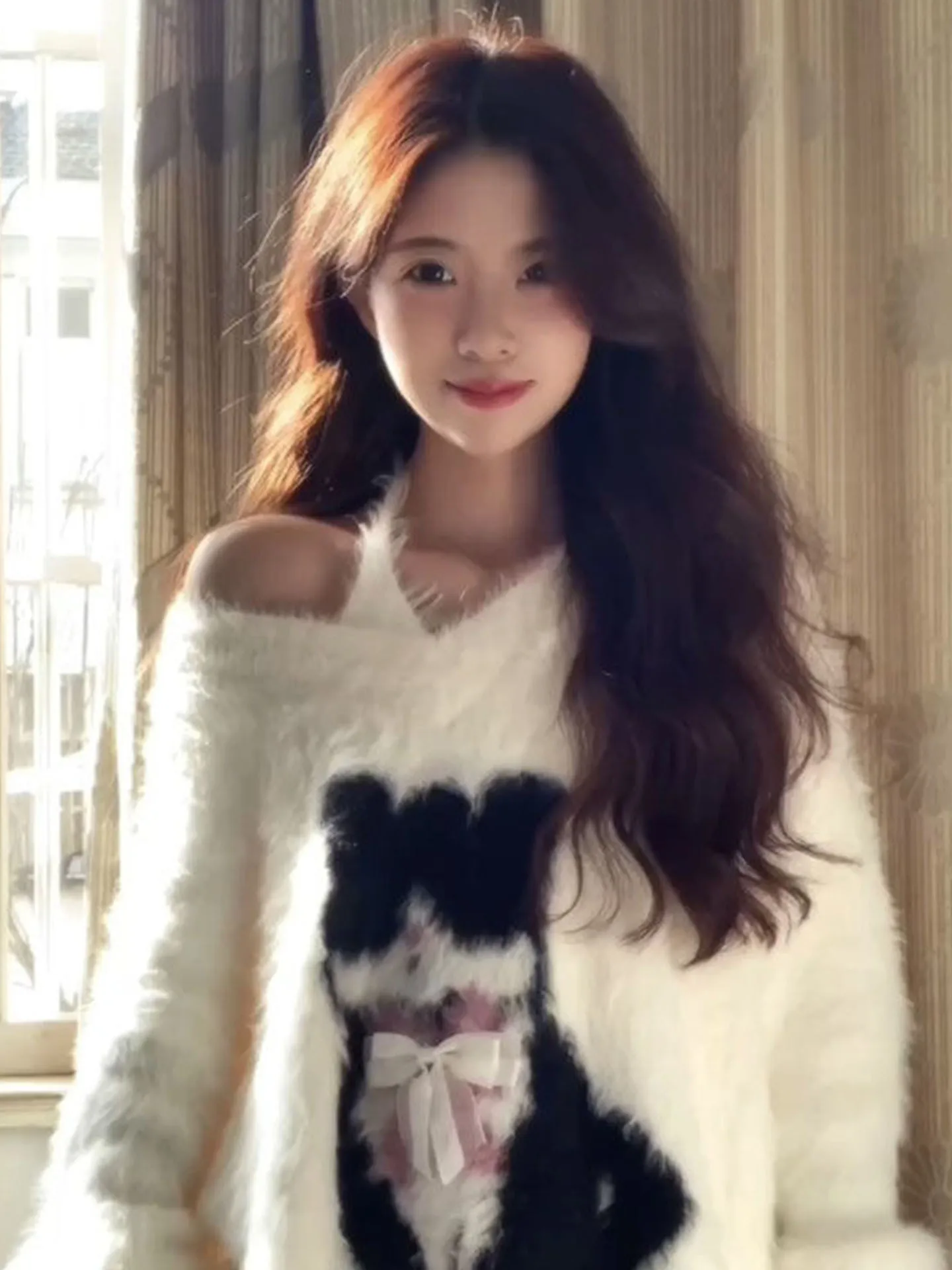 

Ladies' White Knitted Mink Velvet oulder-baring Sweater Loose Sle Autumn Winter New Arrival Cute Pure Desire Knitted Coat