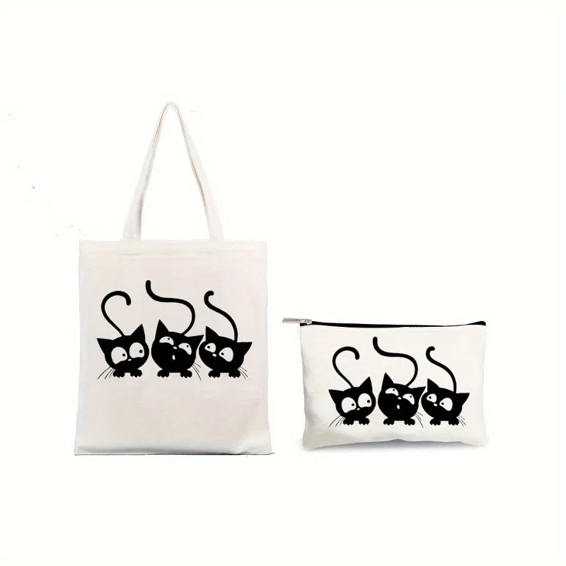 2szt Cute Black Cat Design Canvas Tote Bags Set Fashion Shoulder Bag with Travel Cosmetic Handbag Casual Shopping Bag Decorate