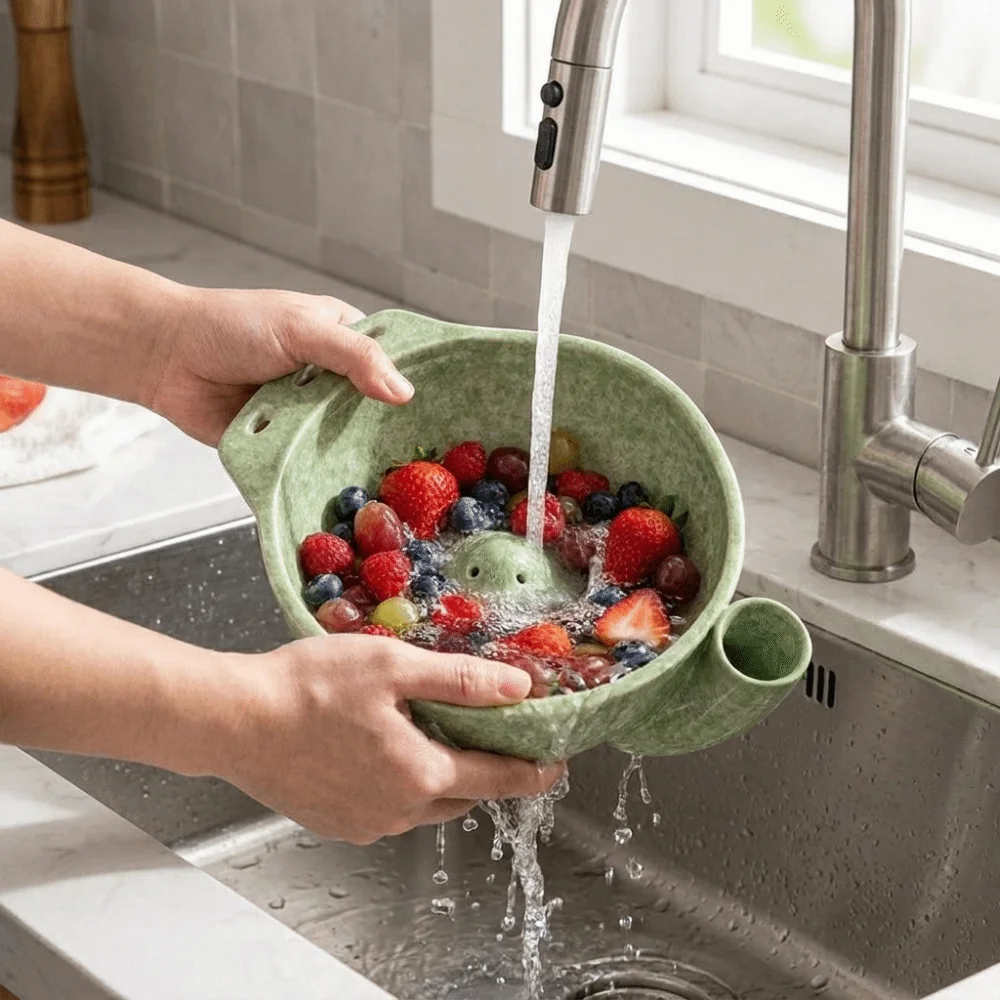 Self Spinning Automatic Fruit Washing Bowl 360° Cleaning Drainage Hole Self-Rotating Fruit Cleaner Large Capacity