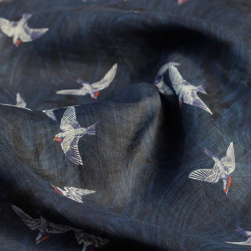 

White Birds Printed on Blue Black Ramie Fabric for Pants Cheongsam Jacket Dress 150CM Wide Summer Spring Fabric Y228