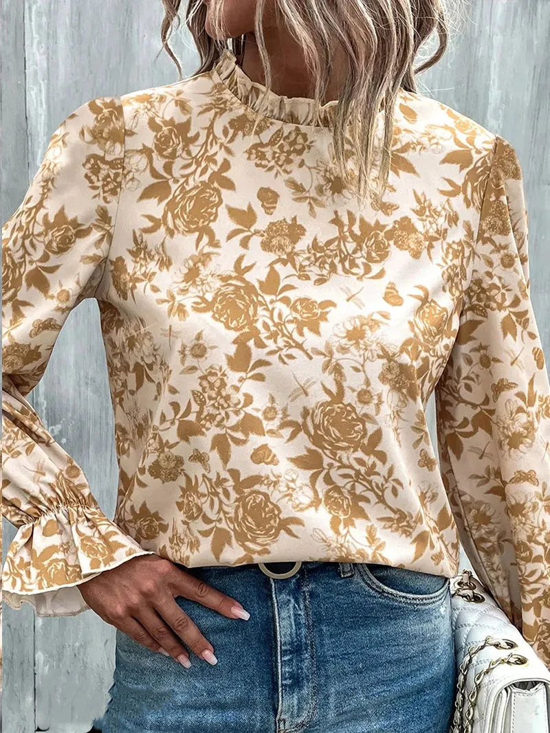 Floral Print Long Sleeve Blouse Elegant Mock Neck Ruffle Trim Back Keyhole Blouse Women\'s Clothing