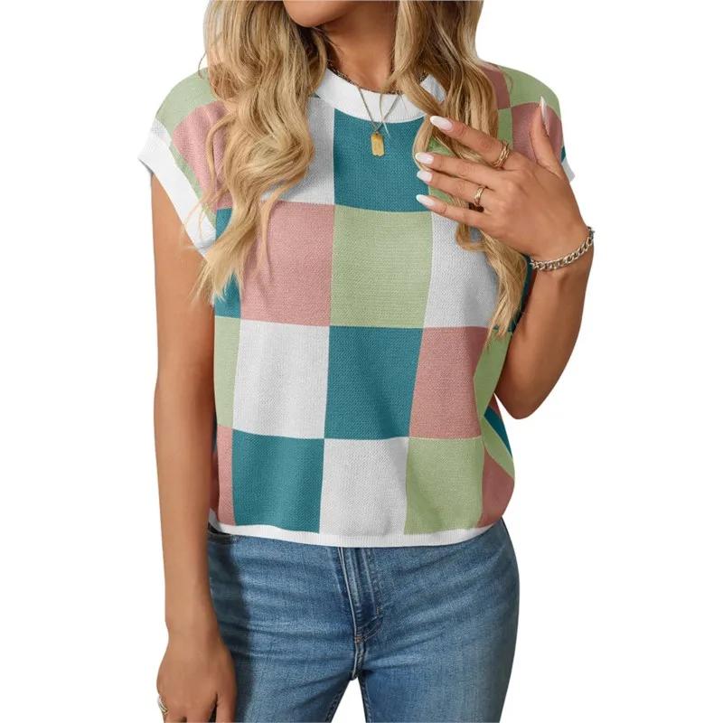 

Summer hat sleeves, exposed navel short sleeves color block round neck, knitted checkerboard pattern women's sweater round neck