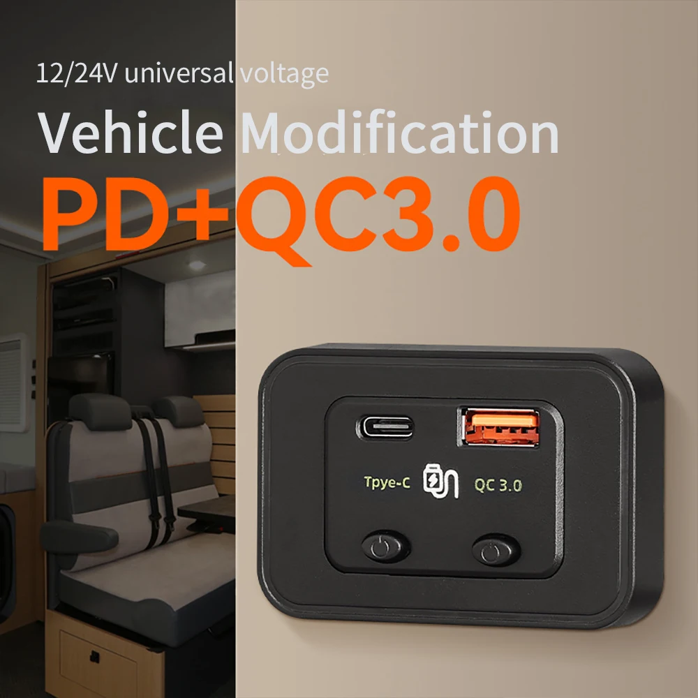 48W Car Charger Dual Switch Fast Charger PD 12V24V Car Caravan Bus Boat Charger Accessories