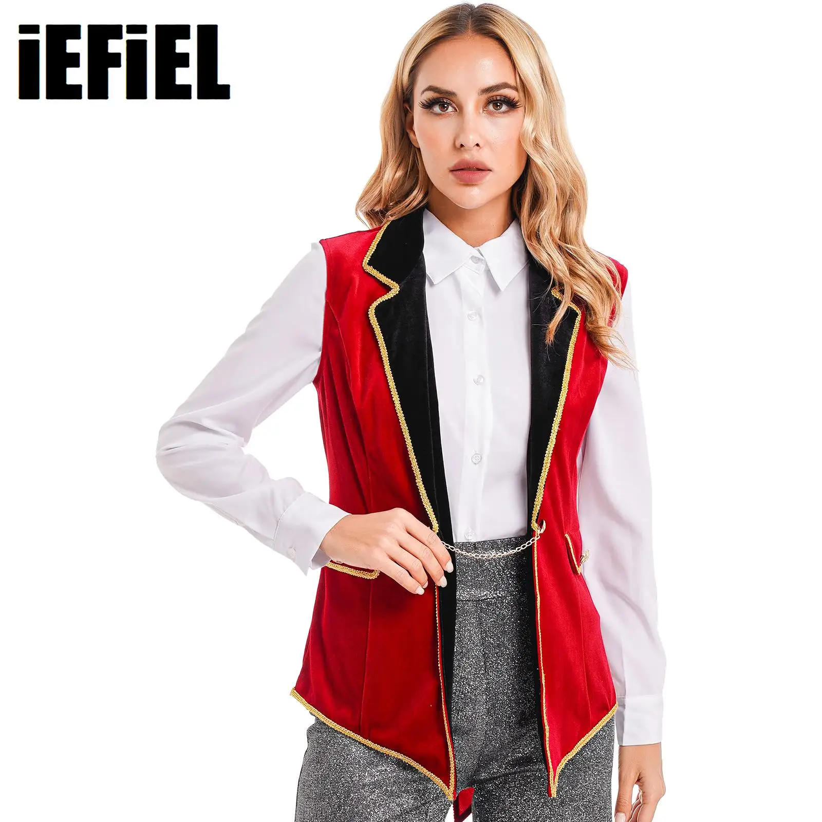 

Womens Circus Ringmaster Tailcoat Halloween Cosplay Costume Lapel Sleeveless Velvet Jacket