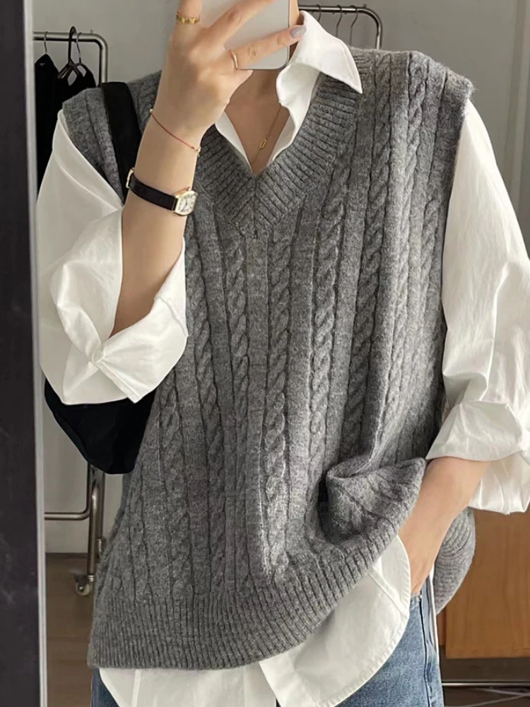 Traf Sweater Cardigan Sleeveless Women Top Solid Sweater Knitted Vest Commuter Style Clothes Preppy Look Autumn Winter Woolly