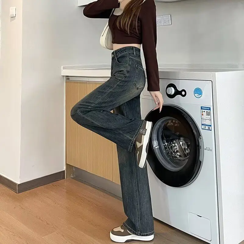 

American Retro Cement Color Slim Straight Leg Jeans Women's High Waist Slimming Long Pants Spring Autumn Casual Cotton Polyester