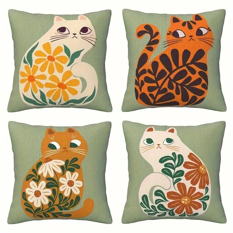 Kissenbezug mit Blumen- und Katzenmustern, Digitaldruck, kurzer Plüsch, geeignet für Wohnzimmer, Schlafzimmer, Sofas, Dekokissenbezug, 4 Stück