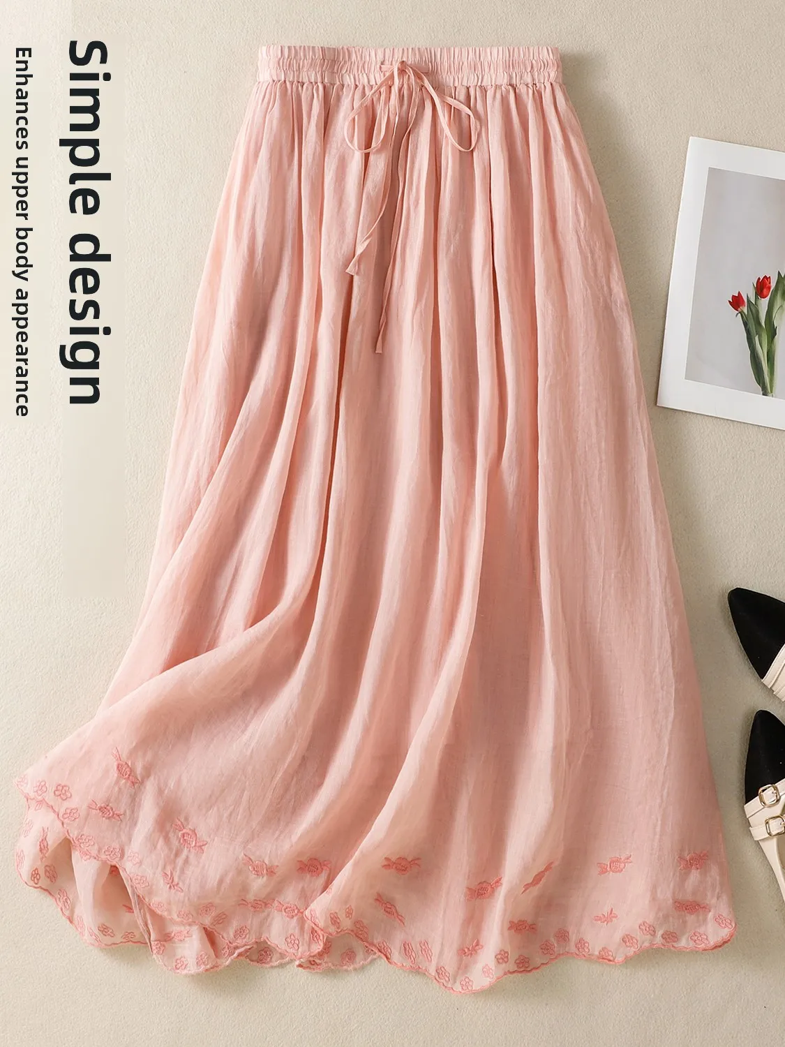 Saia E de Linho Bordada em A para Mulheres, Verão, Solta, Cintura Alta, Emaecendo, Flutuante, Saia de Aodão e Linh...