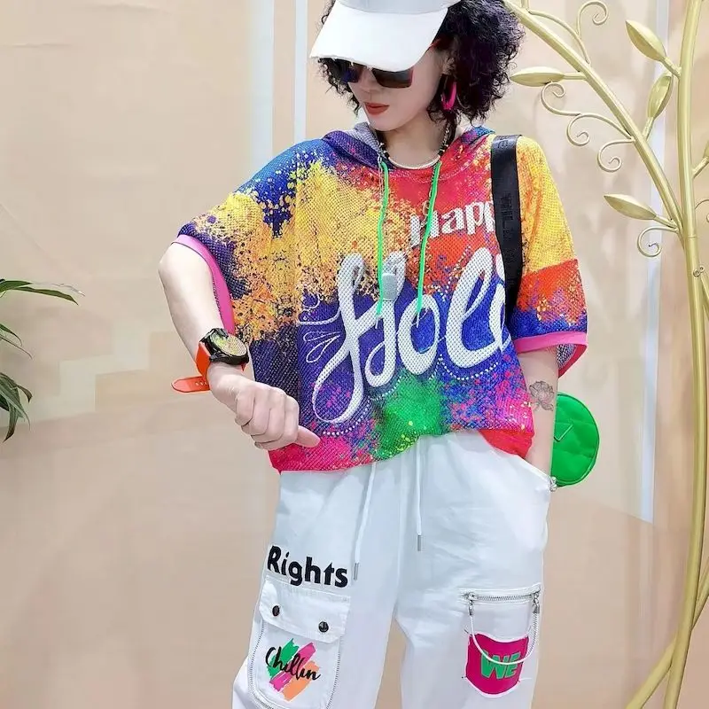 Spersonalizowana koszulka uliczna damska sportowa codzienna bluza z kapturem z rękawem w kształcie skrzydła nietoperza Fashion Design kolorowa siateczkowa koszulka z kapturem letnia luźna, cienka bluza