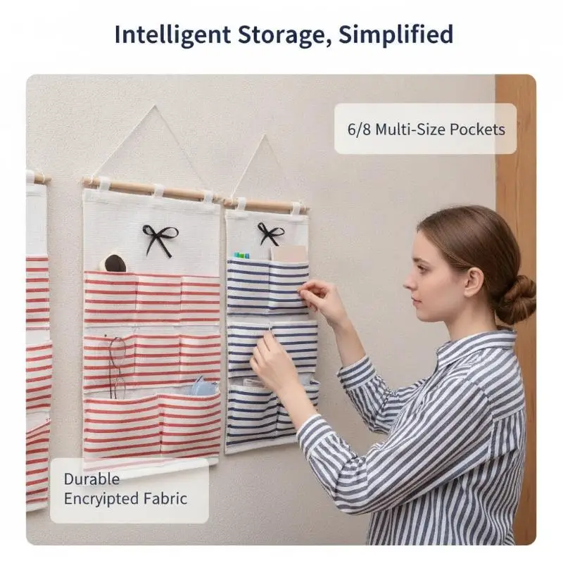 Hanging Cotton Linen Storage Organizer With Multi Pockets Striped Design For Storing Cosmetics Keys Stationery