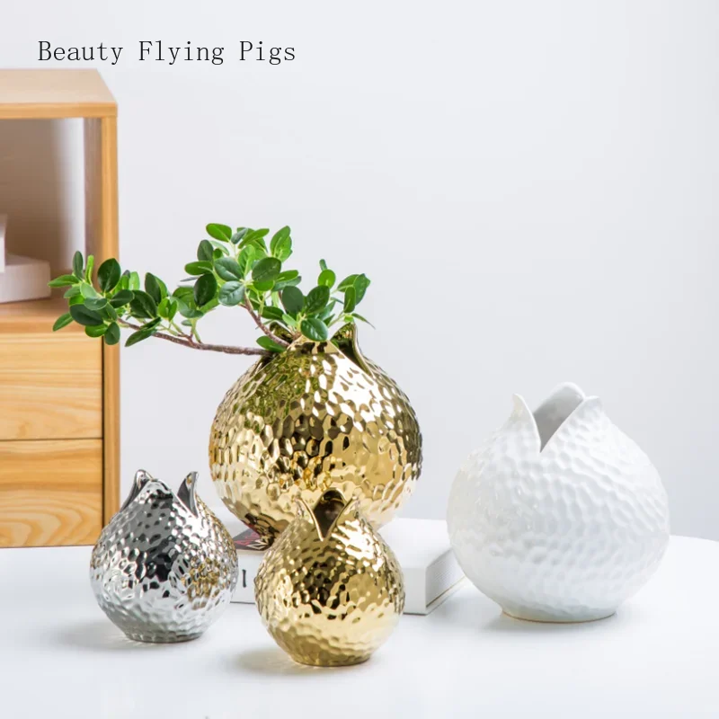 1pcs Ceramic Vase Golden Modern Home Decoration Porcelain Vase Flower  Pomegranate Shape Decoration Vase Decor Home Decor