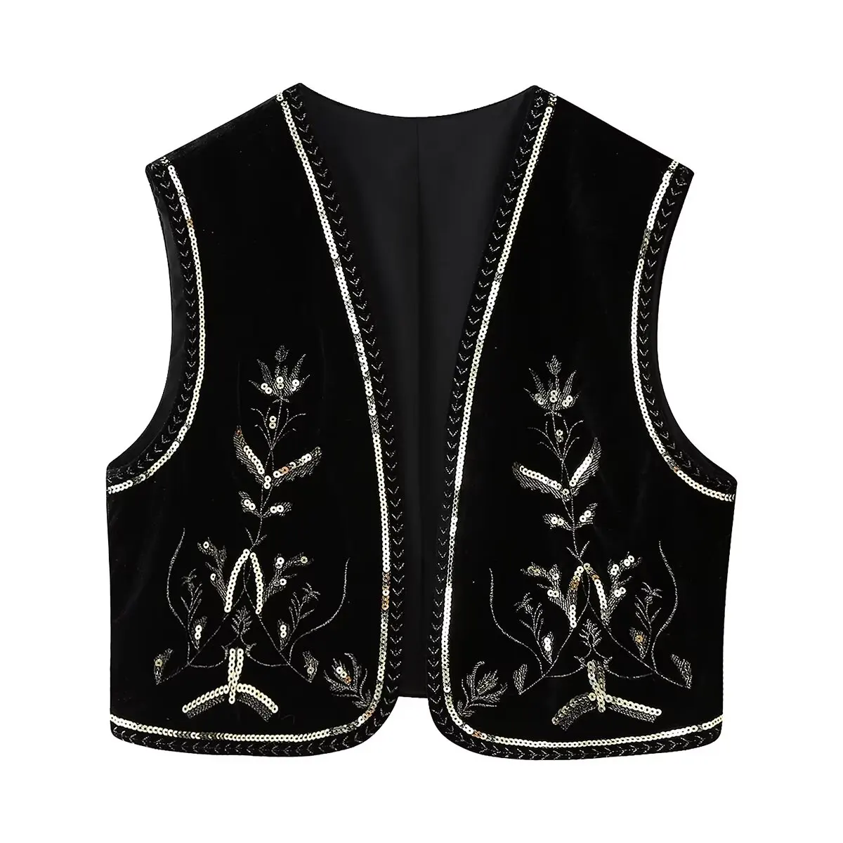 HH TRAF Women Fashion Velvet Bead Decoration Embroidery Winter Street Vest Short Top Elegant Women Sleeveless Loose Padded Vest