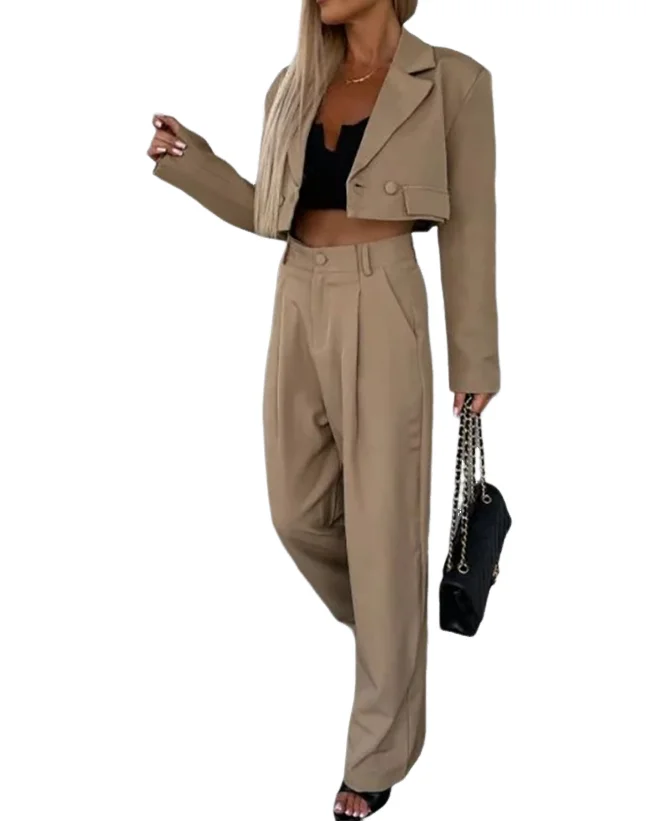 Two Pieces Set for Women 2023 Autumn New Fashion Casual Solid Notched Collar Buttoned Blazer Top&pants Set Temperament Commuting