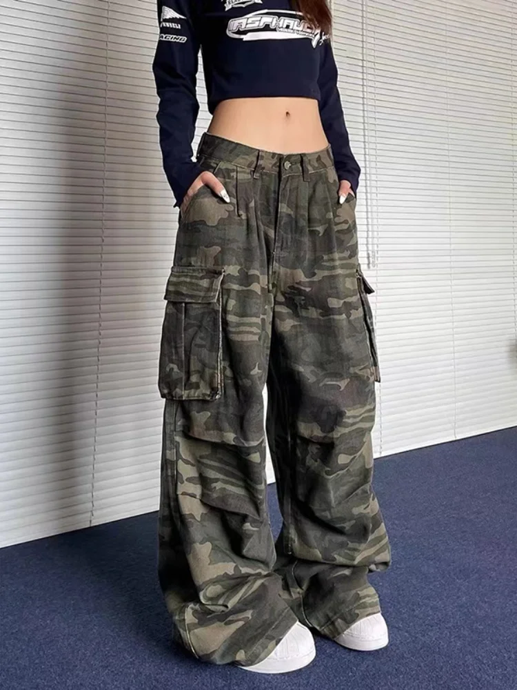 Ropa Y2K para mujer, ropa de calle, pantalones vaqueros holgados de camuflaje, Ropa de pierna ancha, pantalones largos informales con múltiples bolsillos, 2024