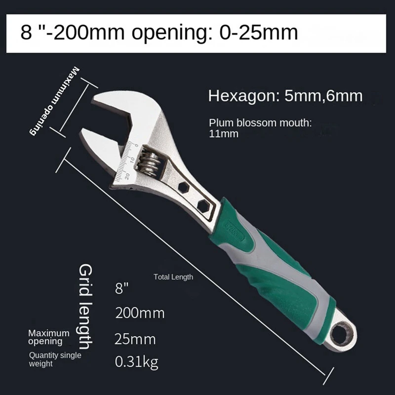 Multifunctional Adjustable Wrench With Large Opening Pipe Plastic Coated Non-Slip Handle