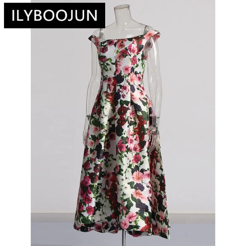 Imagem -05 - Ilyboojunvestido Casual Estampado para Mulheres Gola Barra sem Mangas Cintura Alta Patchwork Dobras Vestidos Elegantes Moda Feminina Novo