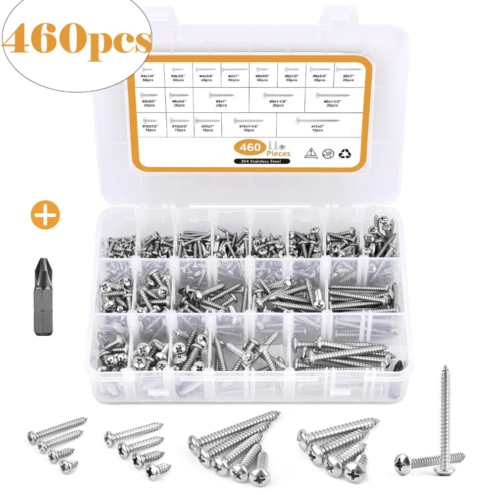 

450pcs 460pcs 510pcs 304 Stainless Steel Hardware Screws Cross Round Head/countersunk Head Self-tapping Screw Set