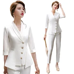 Spring Summer Half Sleeve Blazer and Pant Suit Beige Black Green Office Ladies Formal Business Work Wear Two Piece Set