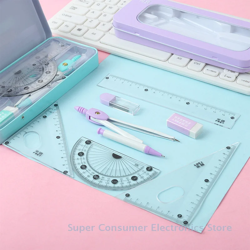 Comprehensive 7Pcs Student Kit: Triangle Ruler, Protractor, Rubber, Compass, and more; Ideal for Exams & School Supplies