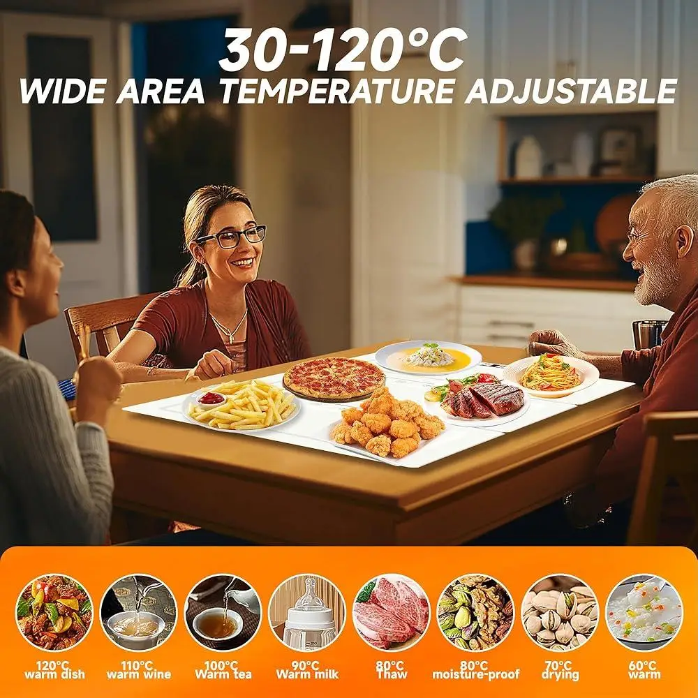 Electric Hot Plate Food Warming Mat Portable Metal Heating Tray Adjustable Temperature Foldable Splicing Design Kitchen Buffet