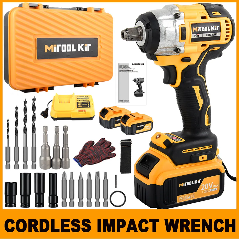 Cordless Electric Impact Wrench Gun 1/2'' High Power Driver with 2Li-ion Battery