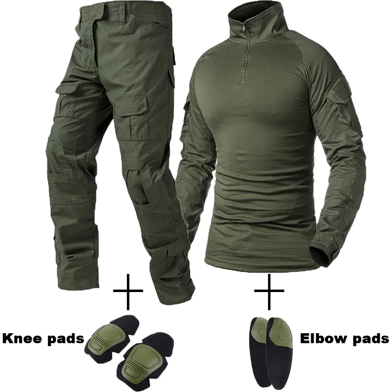Outdoor Uniform Tactical Suits Camo Hiking Training Shirts Workwear Hunting Cargo Pants+Pads Airsoft Paintball Clothes Sets