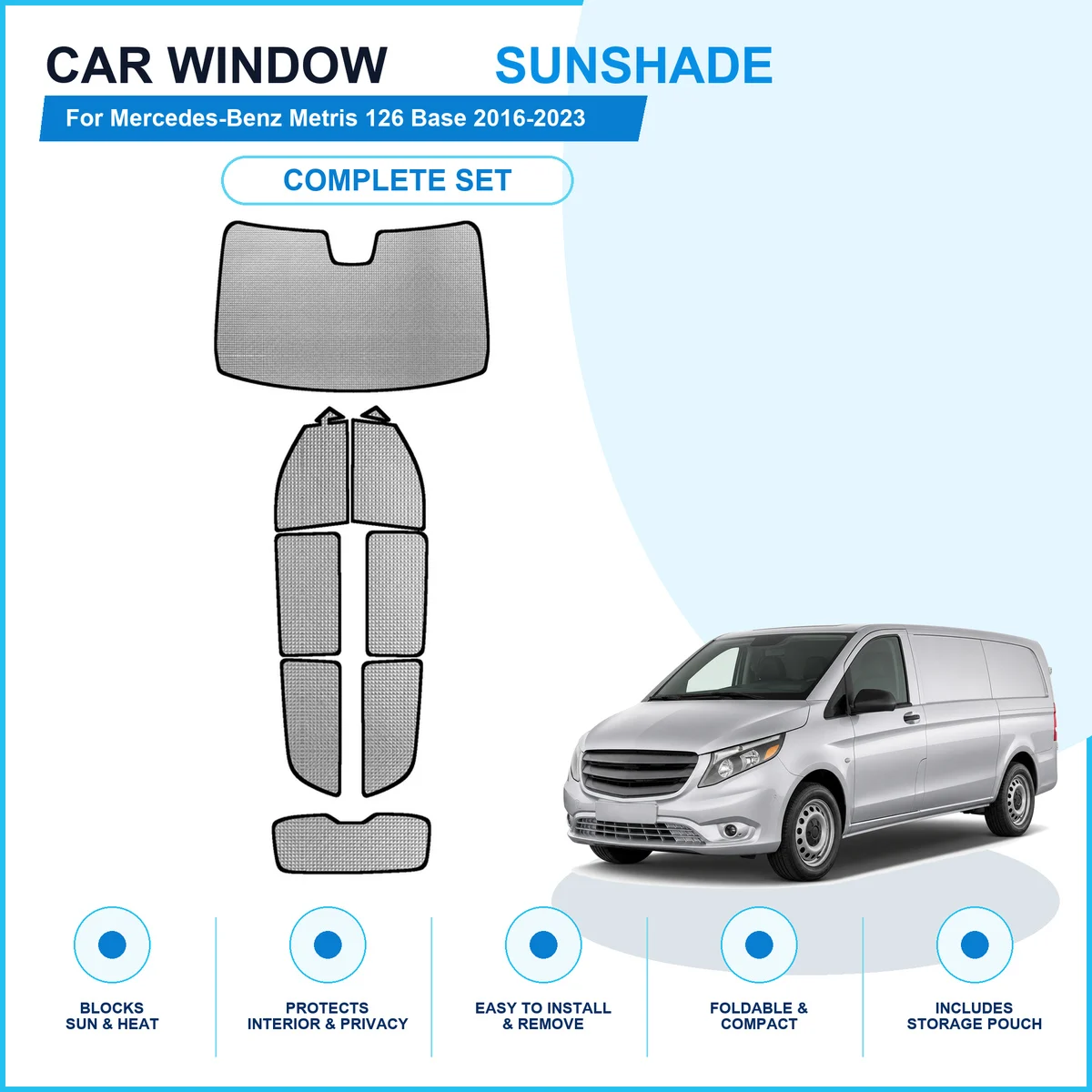 For Mercedes-Benz Metris 126 Base 2016-2023 Custom Full Set Window Sunshades Aluminum Foil Suction Cup Anti UV Privacy