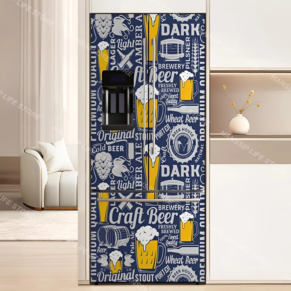 INS Fridge Door Wrap Vinyl Sticker, Kitchen Refrigerator Door Wallpaper Decal, Freezer Covering Art Poster Peel and Stick Mural