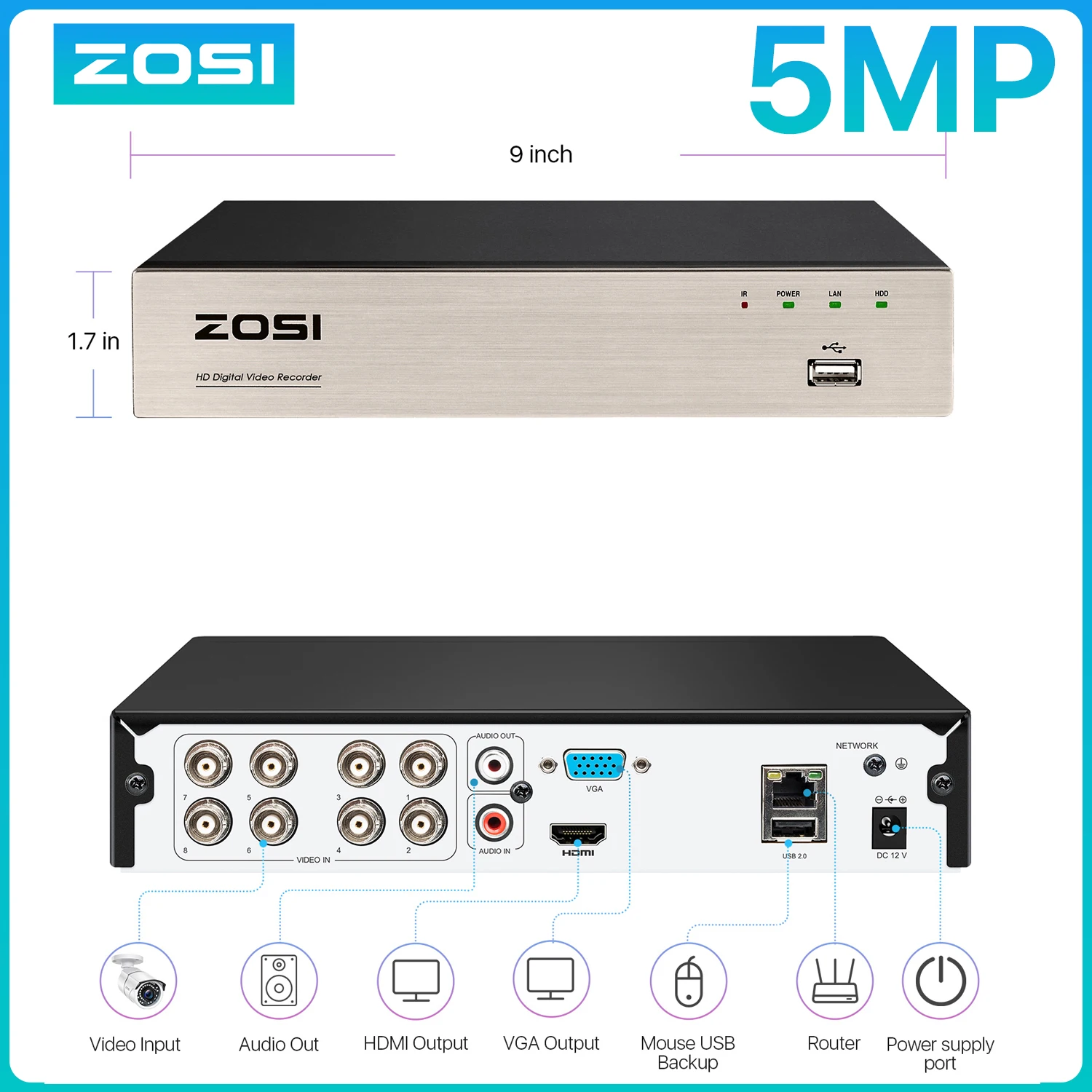 ZOSI 3K 5MP 8-Kanal HD Videoüberwachungs-DVR 4-in-1 TVI AHD CVI CVBS Digitalrekorder für 2MP 3MP 5MP Analoge CCTV-Sicherheitskameras
