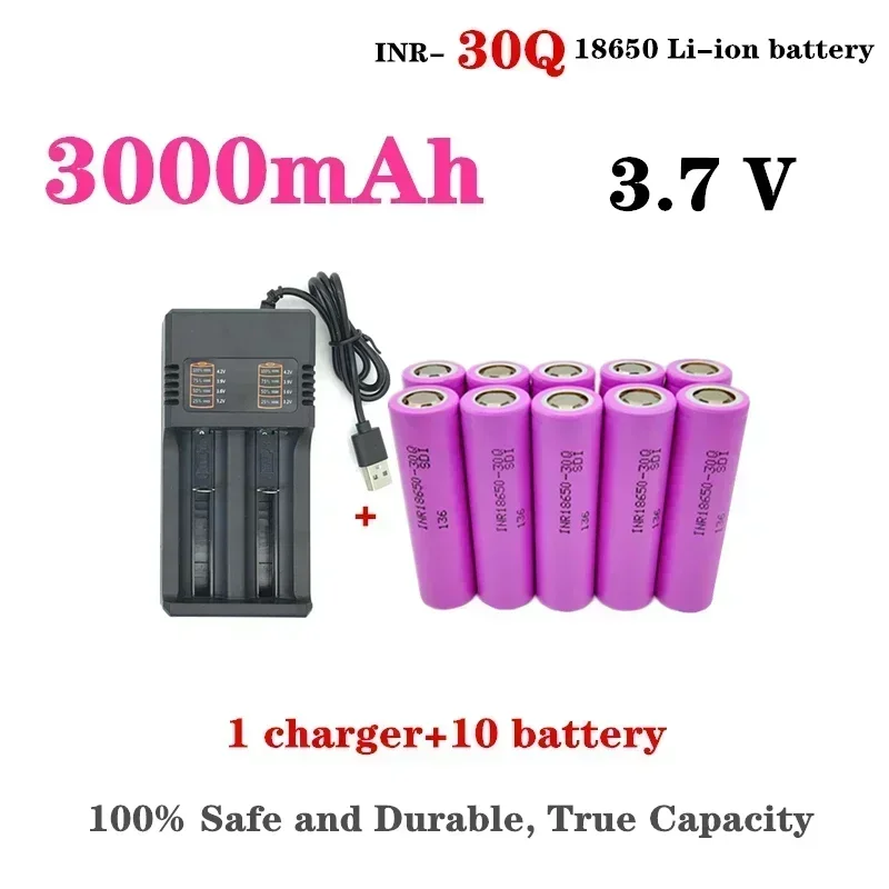 100% real capacity INR 30Q 3.7V 3000mAh 18650, rechargeable multifunctional lithium battery+USB charger