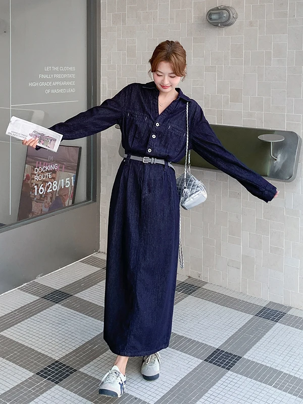 Gonna Lunga in Denim a Vita Alta con Scollo a V per Donna, Primavera Autunno 2025, Nuovo Modello Blu Super Lungo Casual