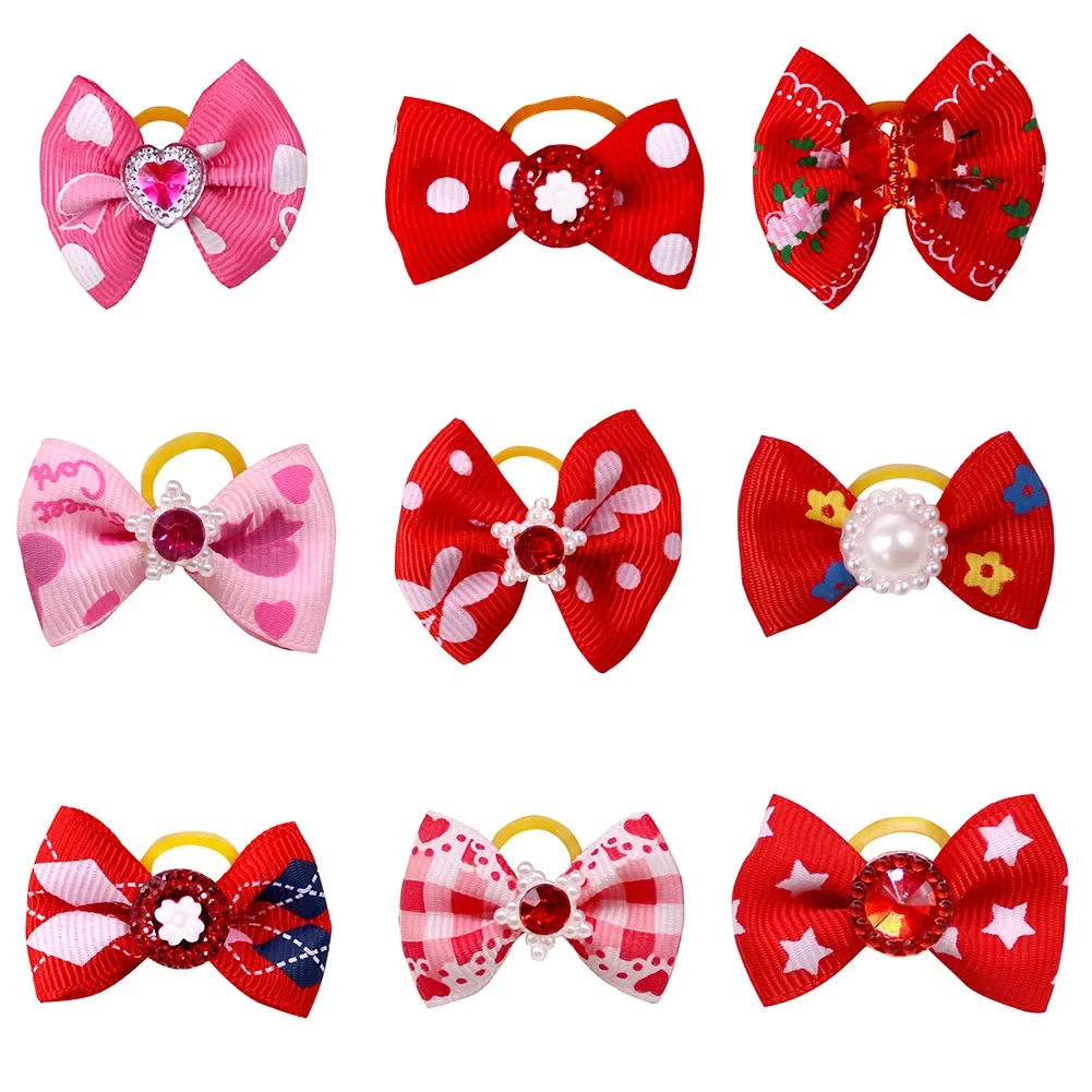 10PCS Puppy Bow Handmade Movable Pet Dog Grooming Hair Accessories Dog Bows With Rubber Band For Small Dog and Cat Pet Products