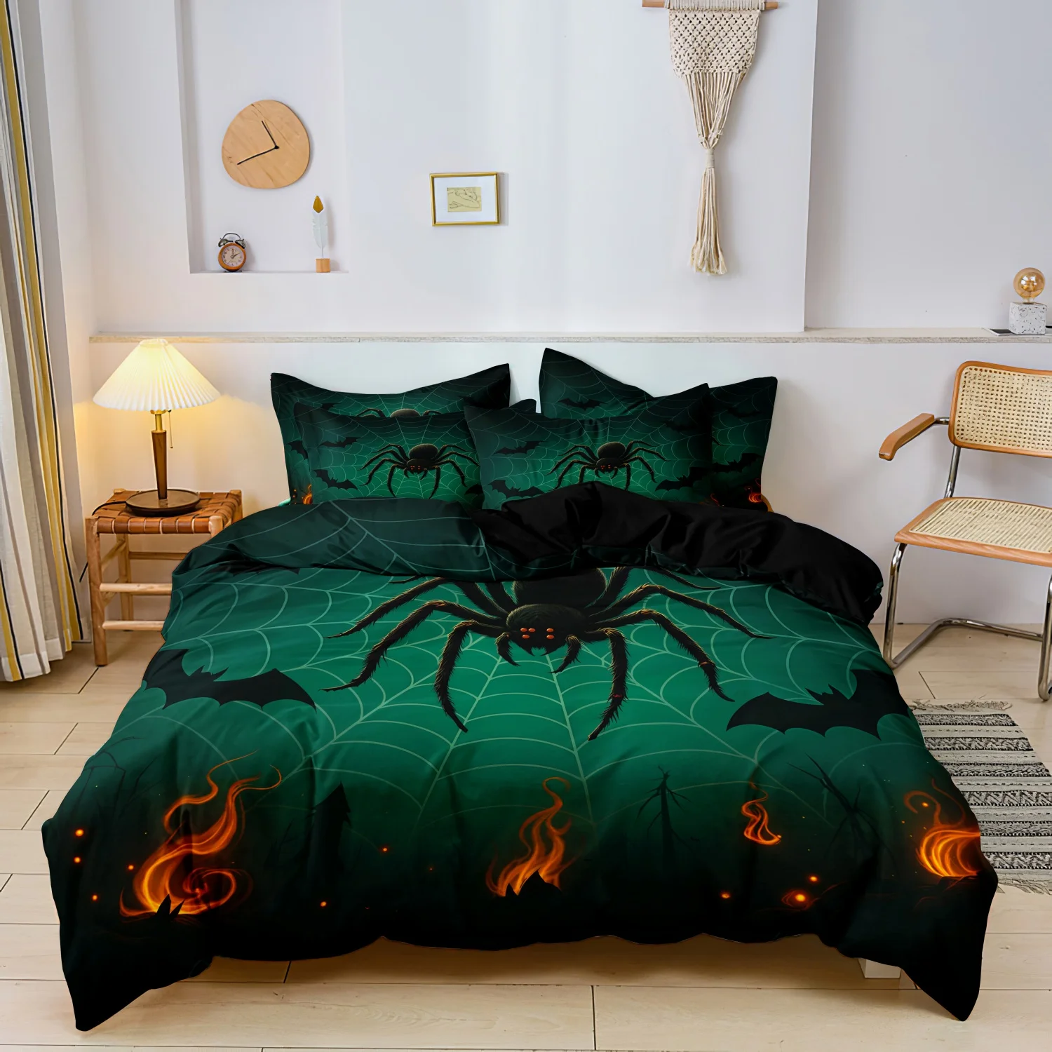  3 Pieces Gothic Halloween Spider Print Duvet Cover Bedding Set, Dark Green Spider Web Bat Flame Holiday Pattern Bedding