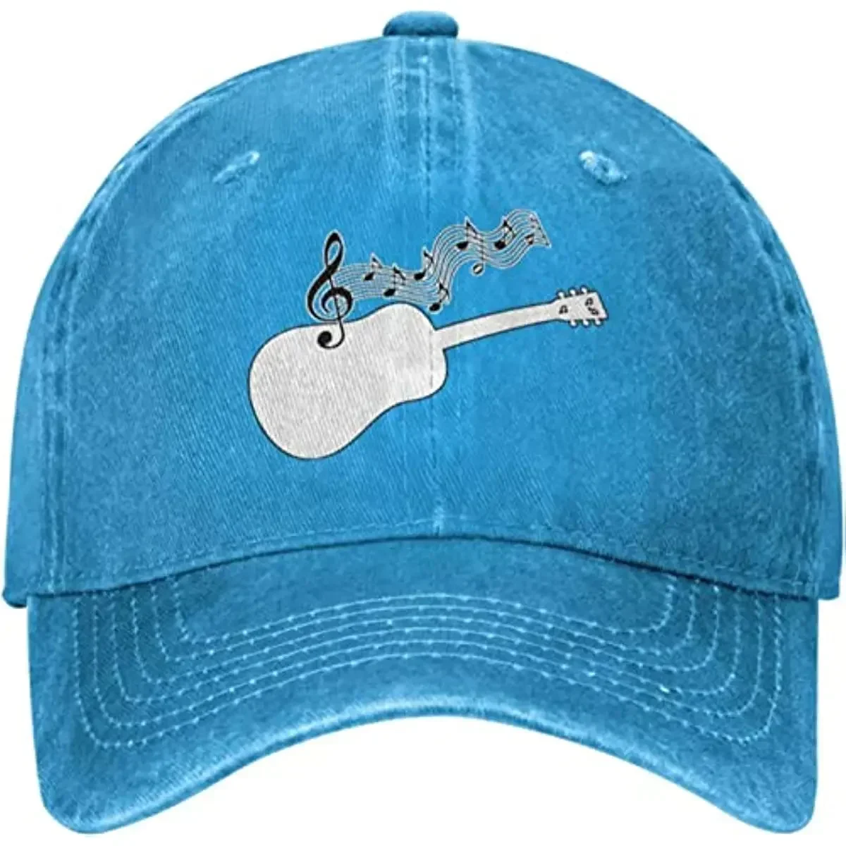 Mens Womens Adjustable Baseball Cap with Acoustic Guitar Musical Notes Pattern Denim Fabric Snapback Classic Hat