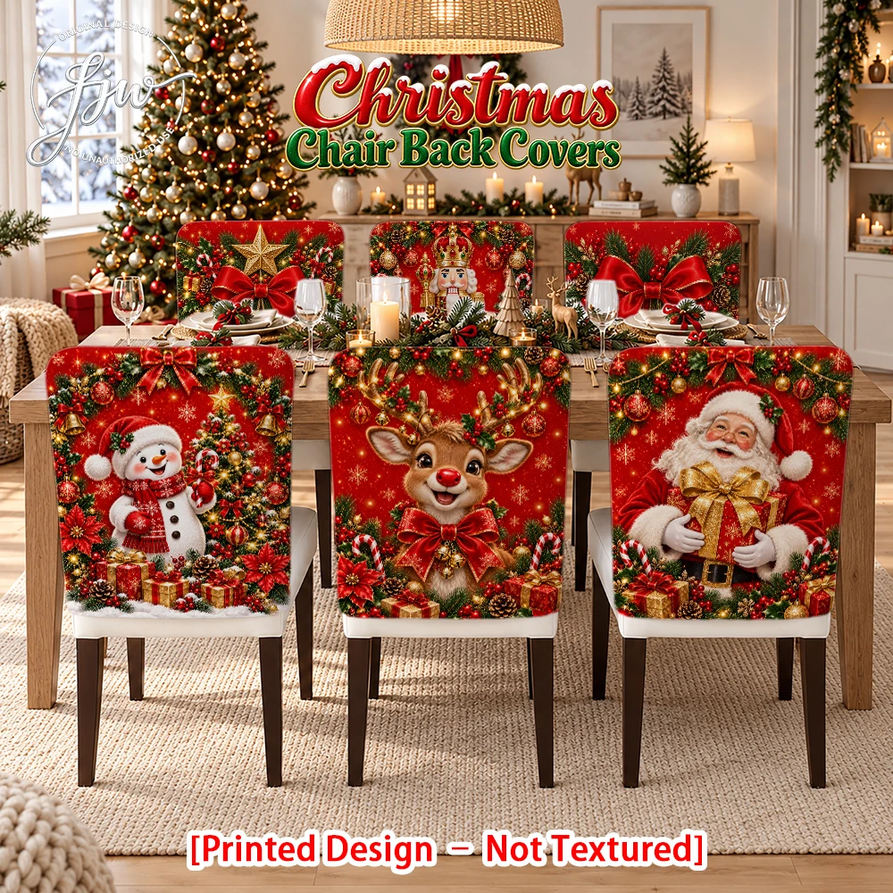 2/4/6pc Christmas Chair Back Covers Festive Xmas Holiday Dining Chair Slipcovers with Santa Snowman Reindeer Designs