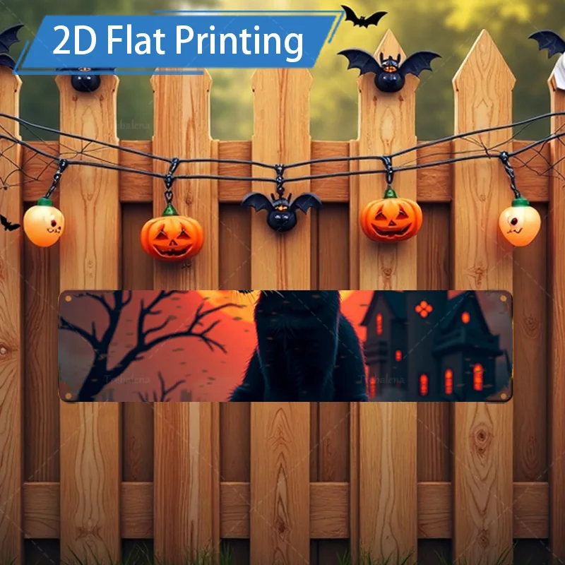 1 قطعة 4x16 بوصة علامة معدنية للهالوين 2D طباعة مسطحة علامة معدنية-قطة مخيفة وديكور منزل مسكون