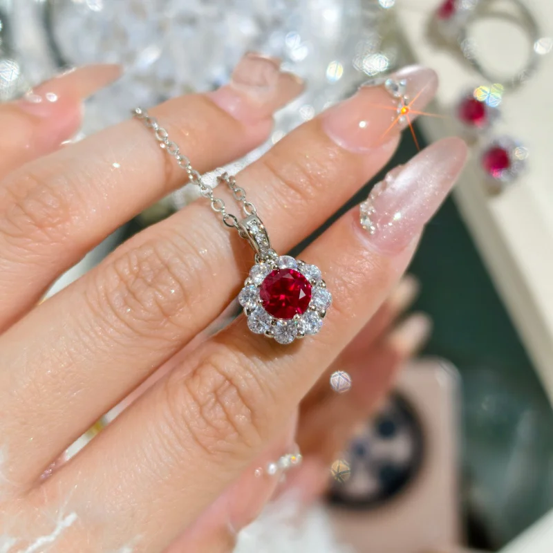 1 Carat Niche Luxury Red Corundum Fluorescent Light Color-Changing Pendant Necklace for Women Open Ring Earrings Three-Pie