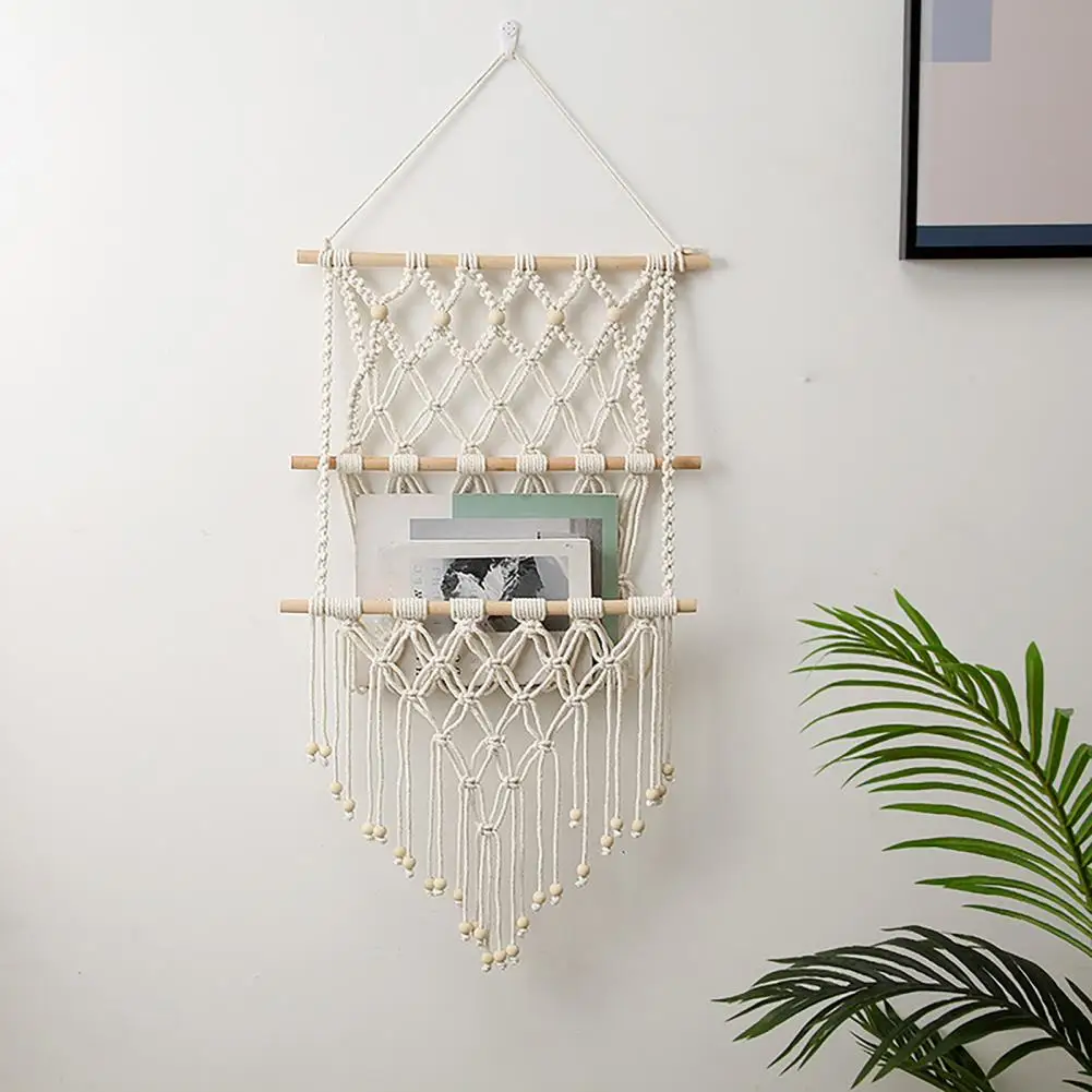Bohemian Braided Tapestry Wall Hanging Decorative Organizer Knotted Rope Tapestry for Bedroom Living Room Magazines Holder