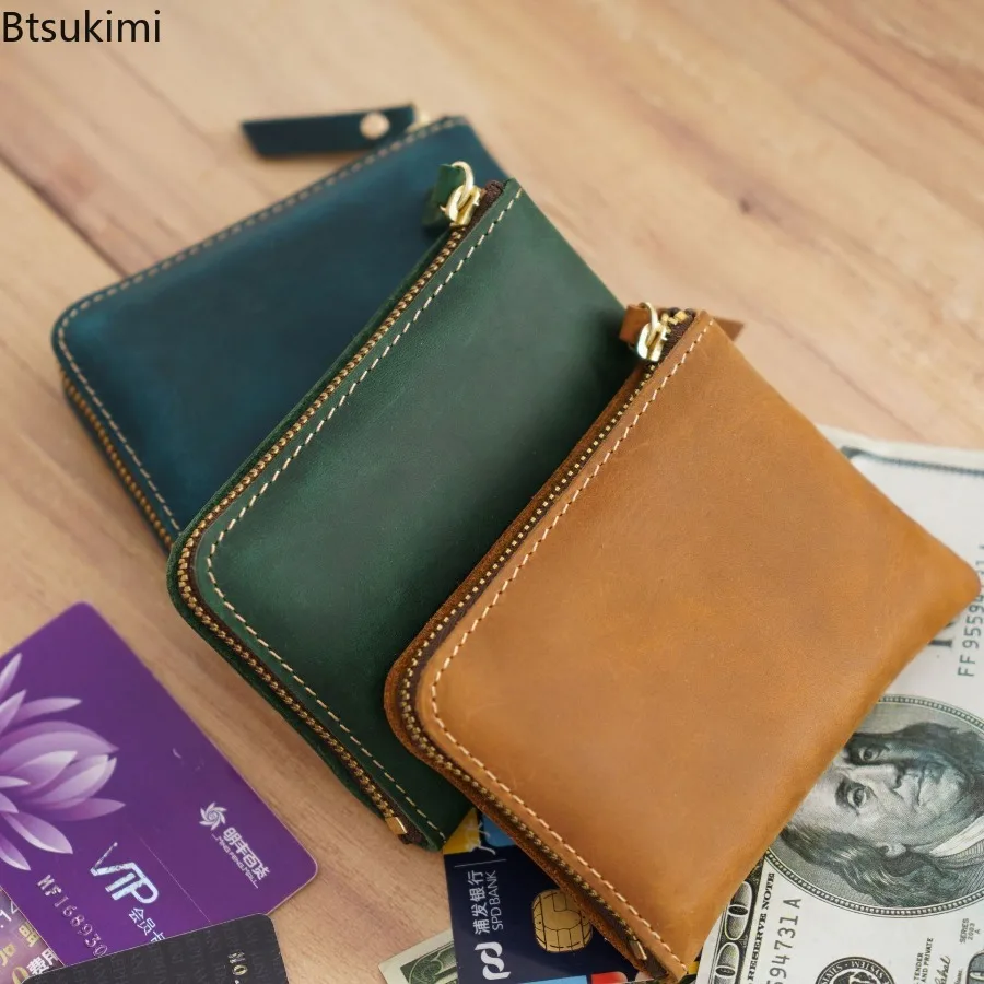 New Genuine Leather Card Holder Zipper Wallet, Vintage Leather Front Pocket Wallet Business Card Case Small Purse for Women Men