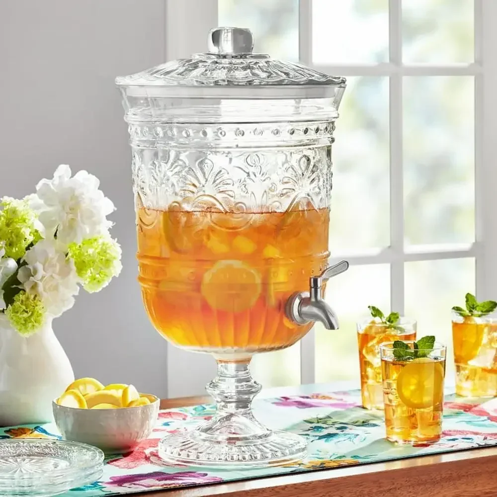 Farmhouse Glass Beverage Dispenser 2-Gallon Cassie Pattern Vintage Style Elegant Iced Tea Punch Single Serve Clear Embossed