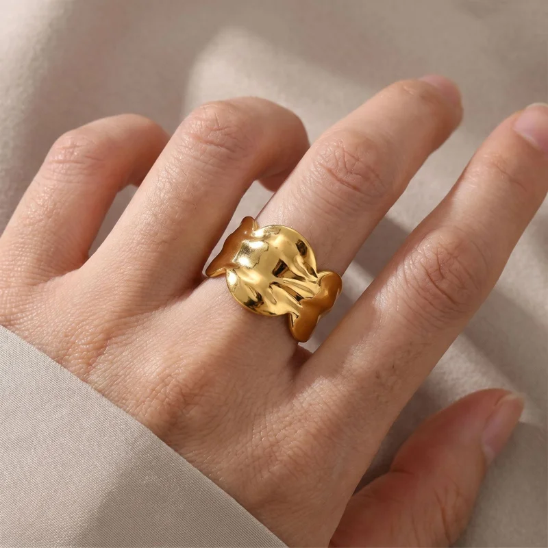 CarlidanaEuropean and American style fluid pleated wide open ring Irregular Lava Texture Adjustable Ring