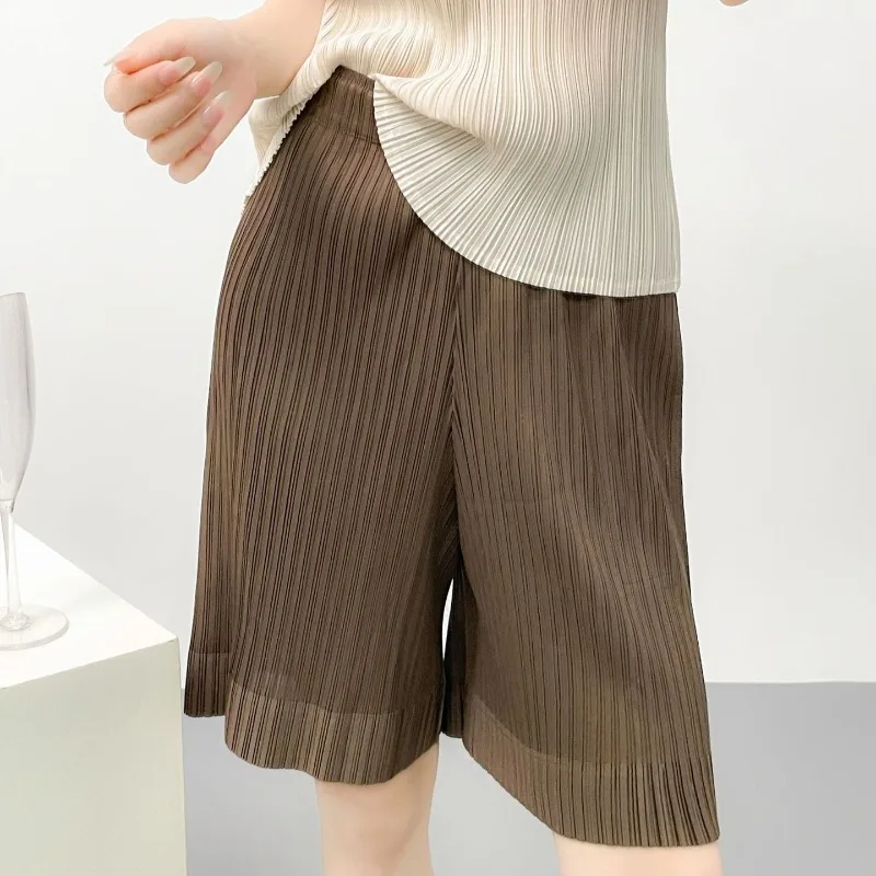 Miyake Pleated Five-Point Shorts Simple Fashion Elastic Waist Sports Casual Women's Draped Elastic Lightweight Mid-Length Shorts