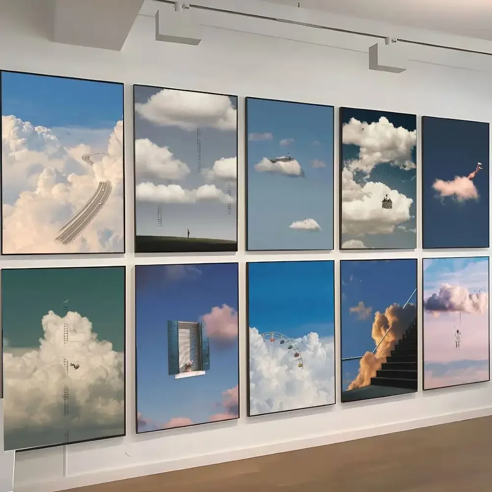 Whimsical Abstract Modern Wall Art People Live on The Cloud Posters Self-adhesive Wall Art Decorations Color Prints Sticky