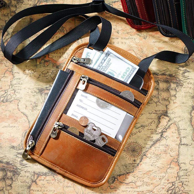 

Genuine leather neck hanging passport bag RFID crossbody shoulder storage bag Overseas flight ticket document protection case