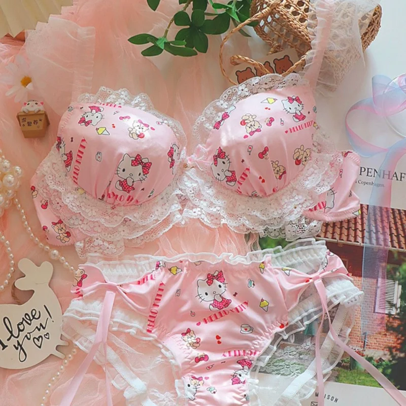 

Sanrio Hello Kittys New Style Lingerie Bra Suit Girl Japanese Lace Pure Sexy Small Breasts Gathering Big Sweet Cute Cartoon